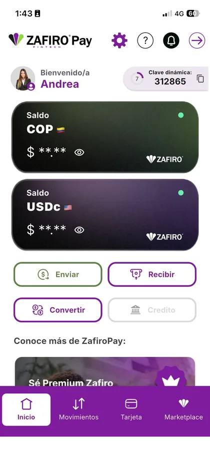 app de Zafiro Pay para recibir dólares y convertirlos a COP
